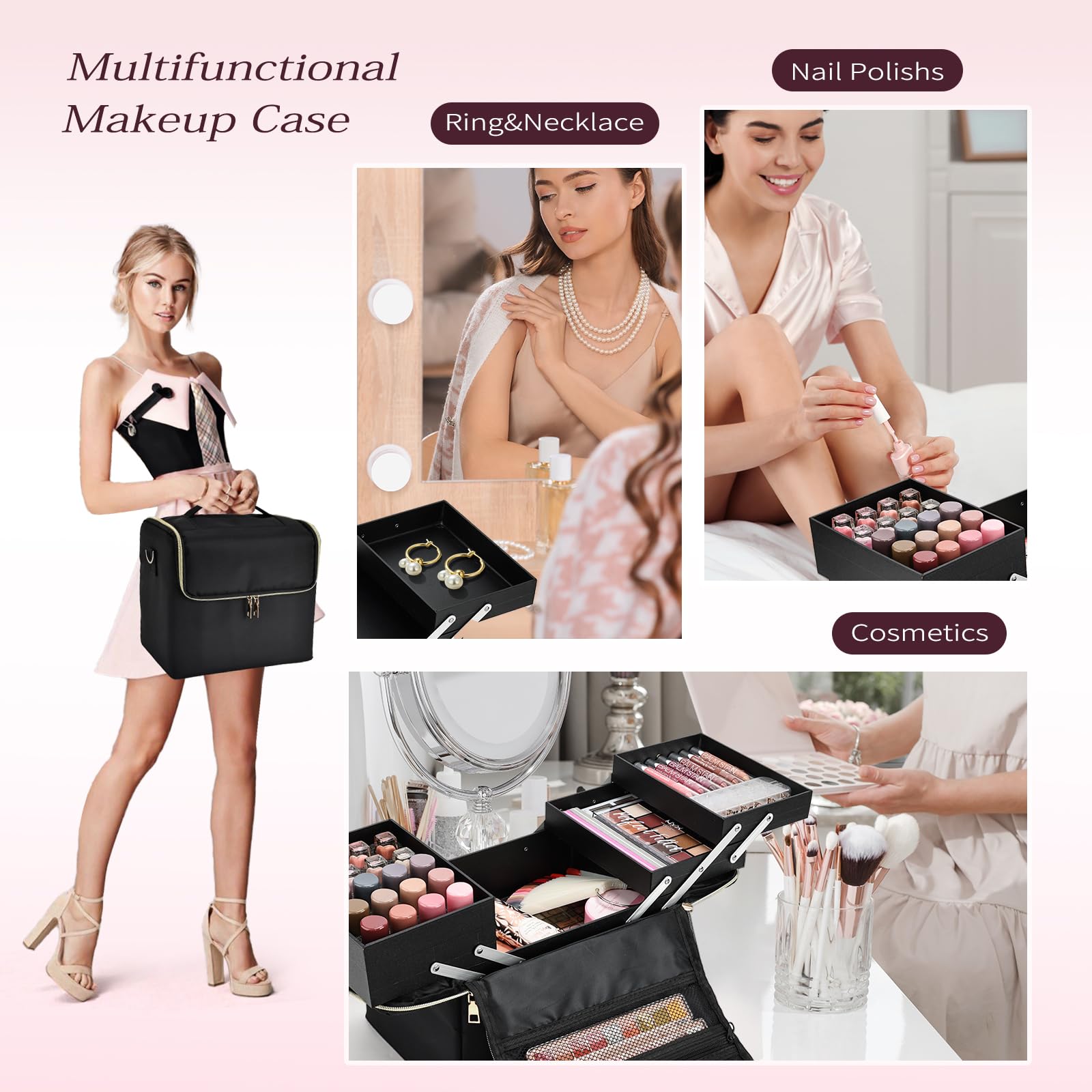 Joligrace Make-up-Tasche Kosmetiktasche Kosmetikkoffer Nagellack Organizer mit Schultergurt, Schwarz , Extra Large