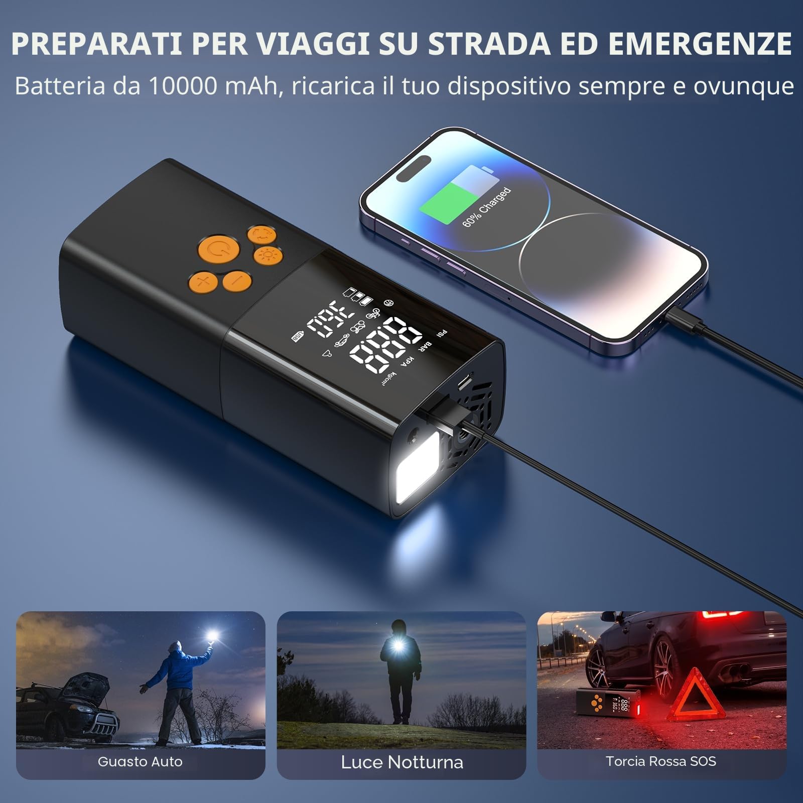 EVARY Compressore Aria Portatile 10000mAh,Portable Electric Air Compressor 150PSI con 5 Modalità, Schermo LCD Digitale e Torcia LED, Pompa Elettrica per Bicicletta, Auto, Moto, Monopattino, Palloni