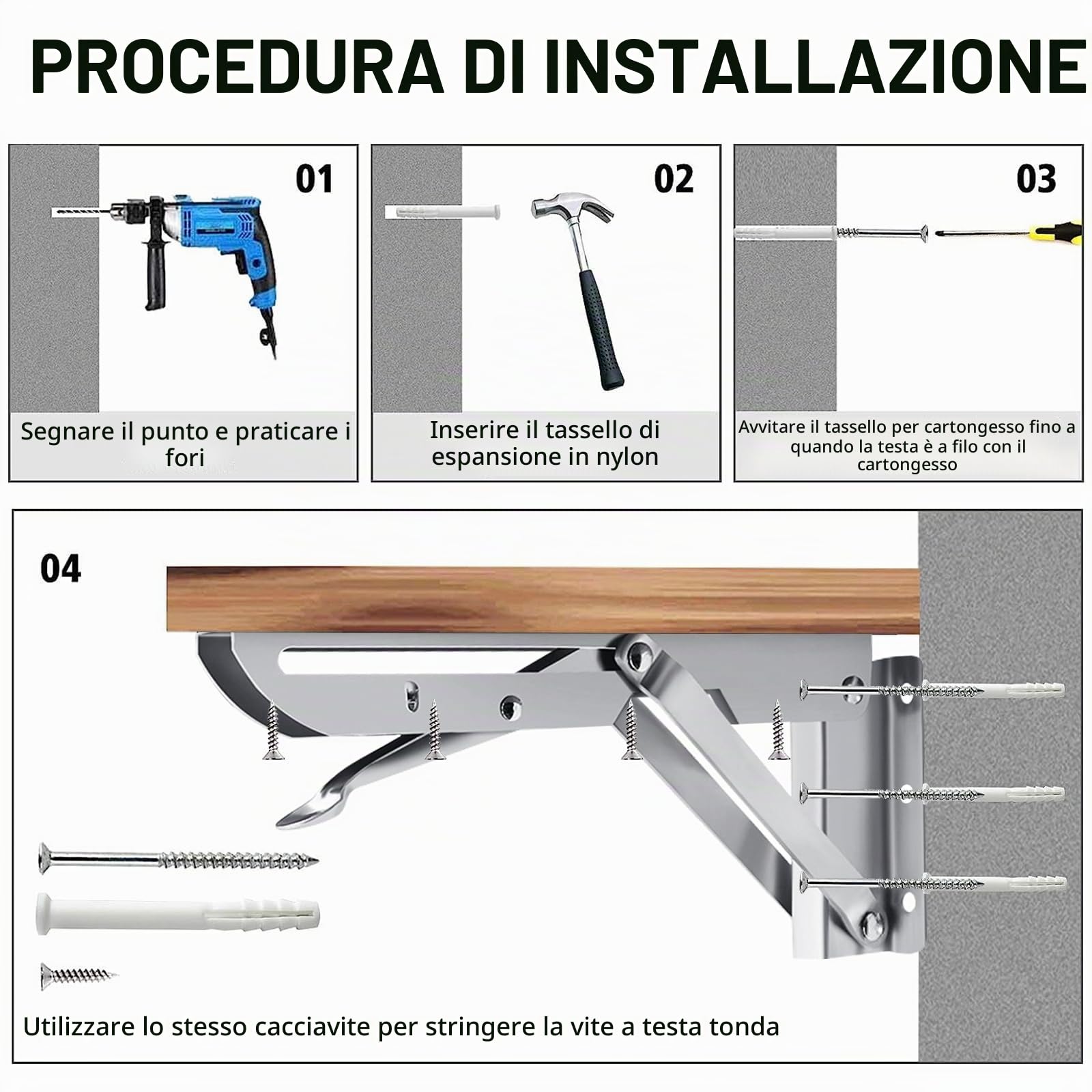 2 Pezzi Staffe Pieghevole da 50 cm, Staffe per Mensole Pesanti in Acciaio Inox Supporto Tavolo Pieghevole Staffe per Mensole Pesanti per Mensola a Muro, Carico Massimo: 100 kg