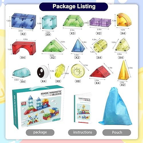 Miniatura 4 de Bloques magnéticos, 66 piezas de juguetes de construcción translúcidos para niños pequeños de 3 años, bloques de construcción magnéticos multiforma,