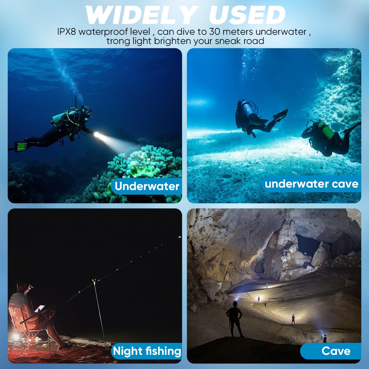 Torche de plongée, 8000 lumens, IPX8, étanche, 3 modes de torche sous-marine, rechargeable, équipement de plongée pour la natation
