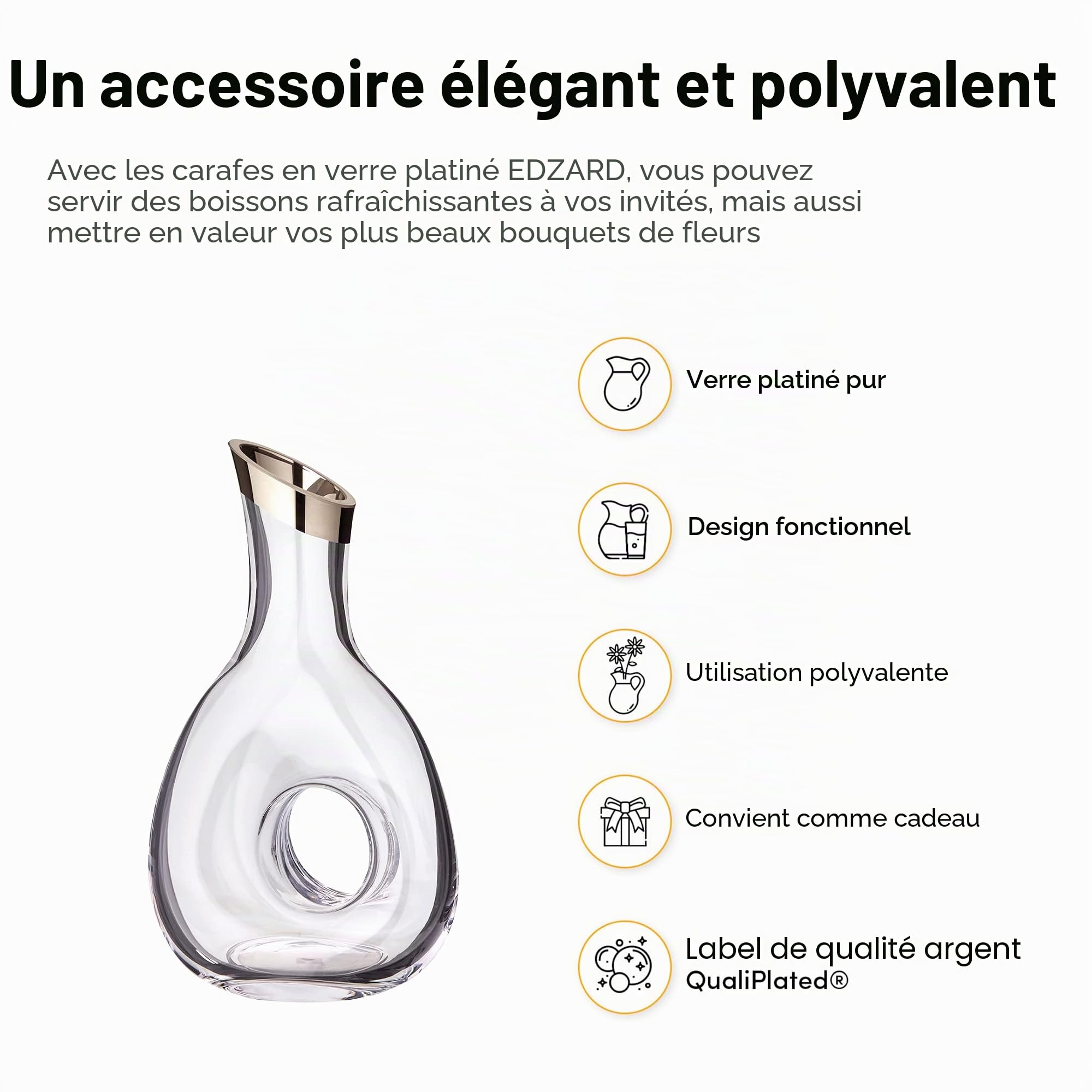 EDZARD Carafe "Gordon" en verre de platine, 1,2 litre, hauteur 30 cm