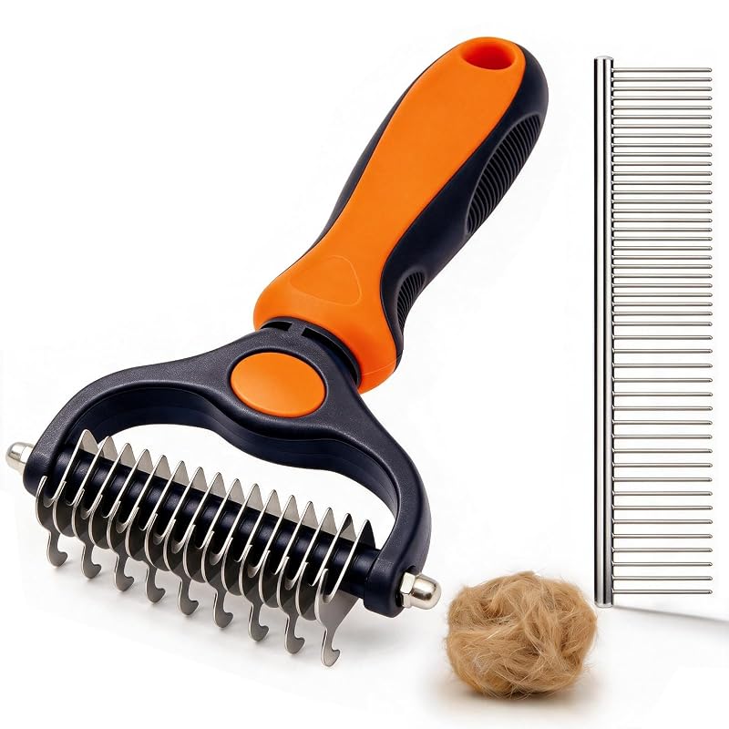 Pente Desembaraçador para Cães e Gatos Vecefy com Rastelo Dupla Face, Laranja, 2 Peças
