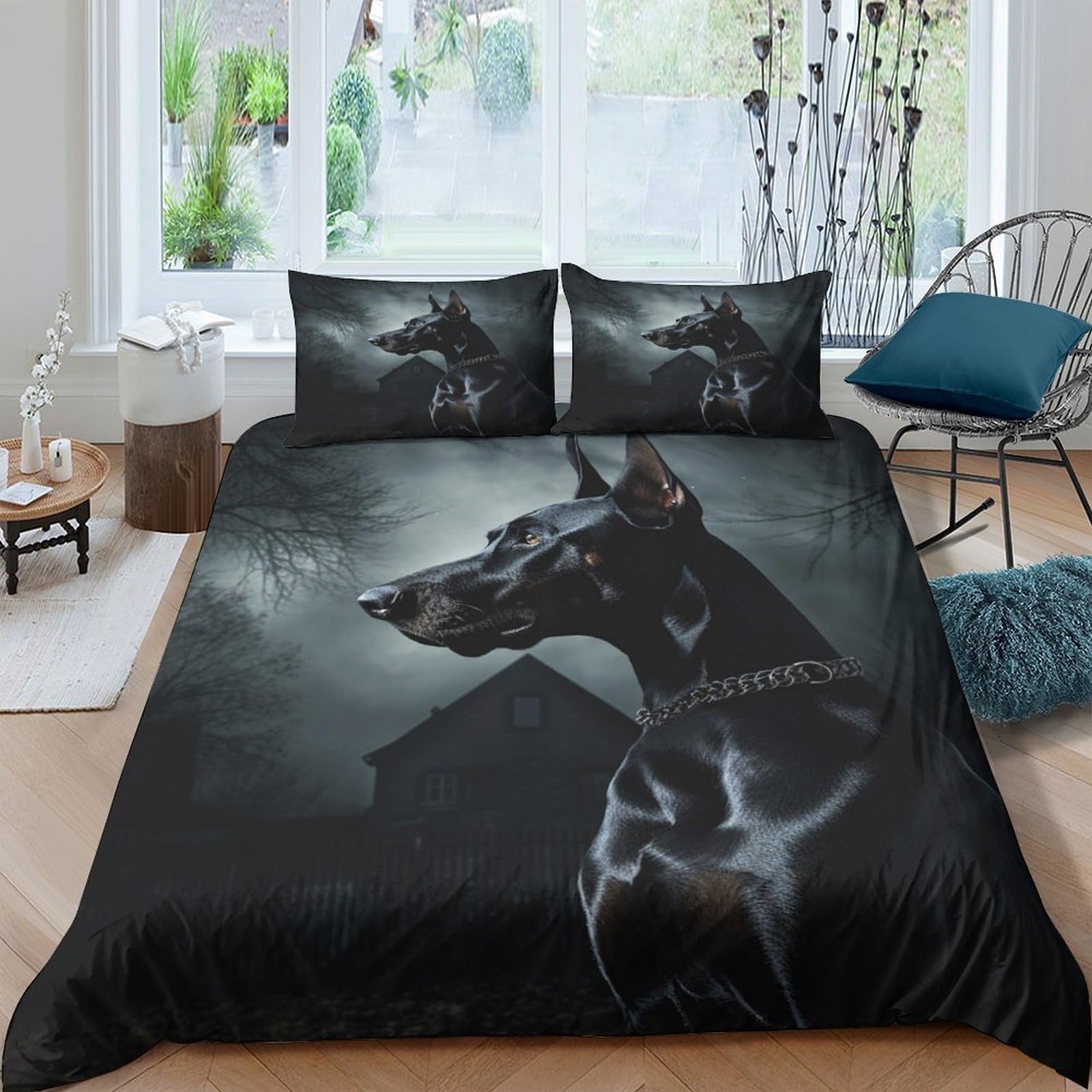Ctjqhvkz Style-7 3D Printed Black Doberman Fitted Sheet Microfiber Soft Bedroom Decor Moonlight Dog Mattress Cover For Home Dorm Room Single（135X200cm）