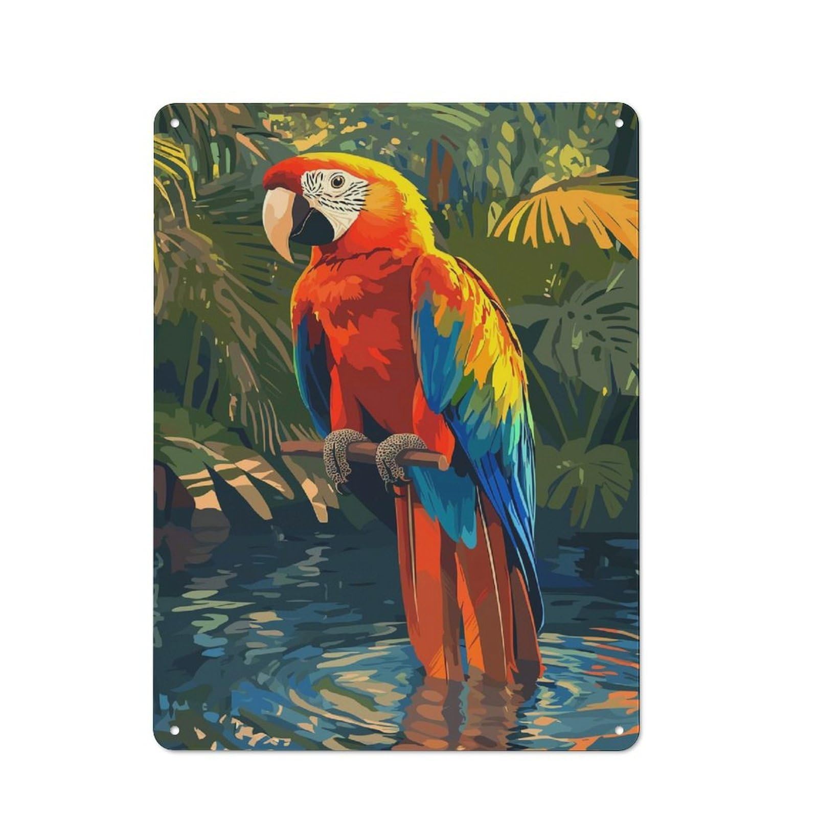 Junmoney Style-17 Colorful Macaw In Tropical Setting Vintage Metal Plaque 40X30cm For Hobby Room Or Studio, Suited To Hobby Room Decor Fans