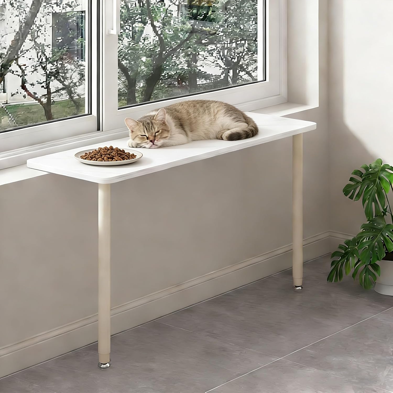 Adjustable Cat Window Sill Extender - Indoor Plant Shelf with Legs, Decorative Beige Ledge for Kitchen, Office, Balcony - 39.4"x9.8" Pet-Friendly Space Saver