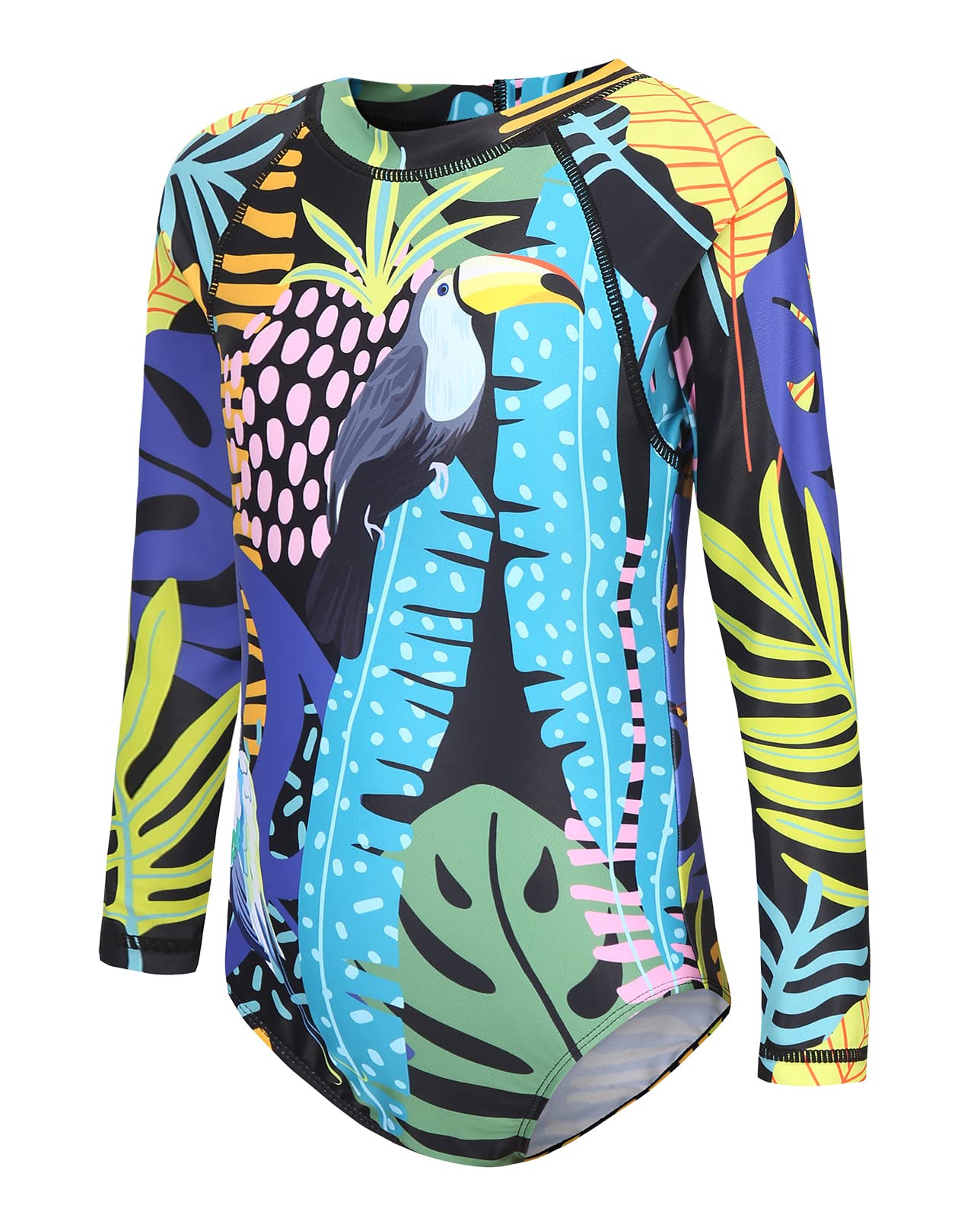 Girls Long Sleeve Rash Guard One Piece Swimsuit Kids UPF 50+ Sun Protection Swimwear Rainbow Striped Bathing Suit 3-14 Years