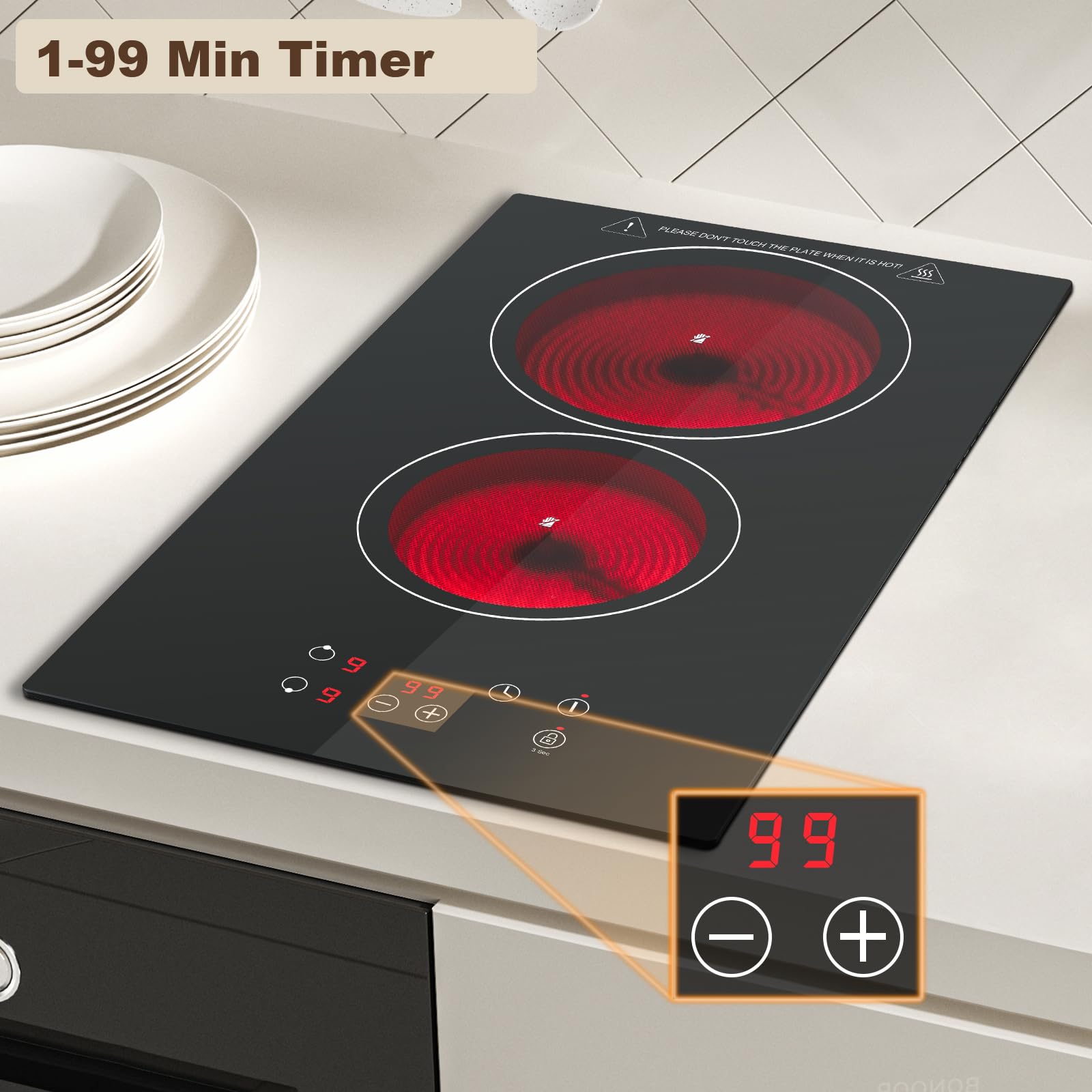 KICHPOWER Ceramic Hob 2 Zones, Electric Plug in Hob 30cm 2 Burners, 2800W, 9 Power Levels, 1-99 min Timer, Residual Heat Indicator, Child Safety Lock, compatible with All Pans & Pots — view 5