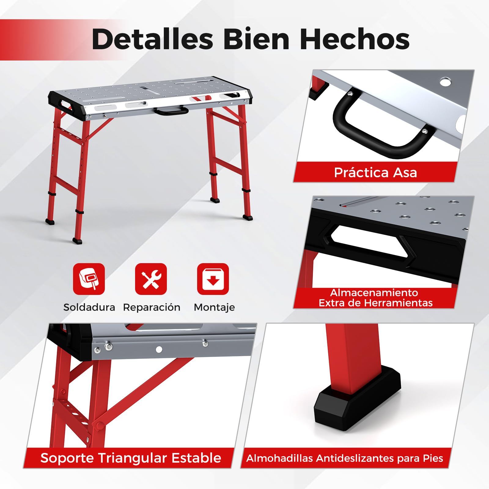 COSTWAY Banco de Trabajo Plegable, Mesa de Trabajo con Altura Ajustable en 7 Niveles, Agujeros y Ranuras para Herramientas, Banco Trabajo Taller de Metal Portátil con 2 Abrazaderas