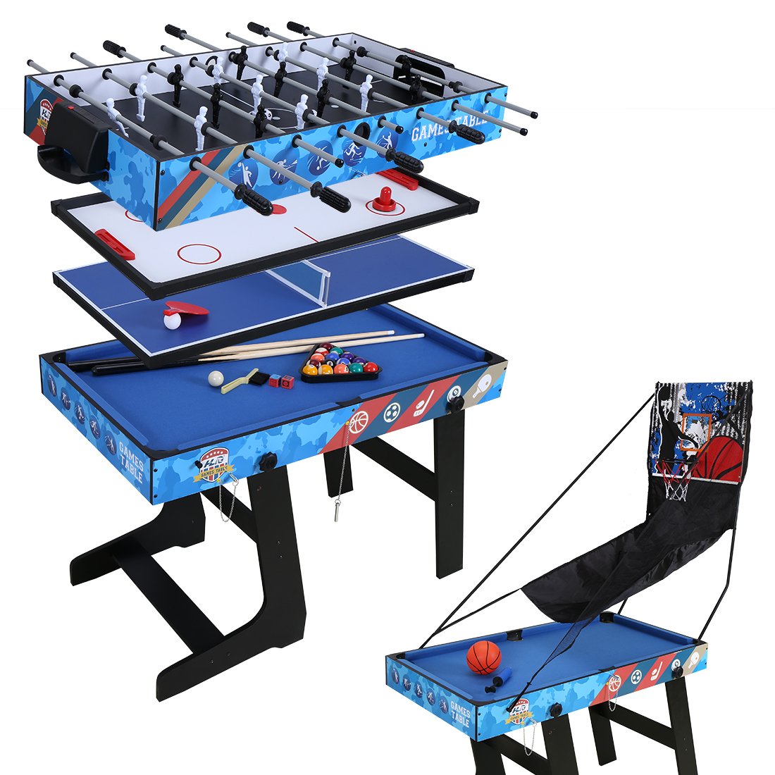 Table de multijeux 5 en 1 Baby-Foot,Hockey, Ping Pong Billard,Basketball Multi-Jeux