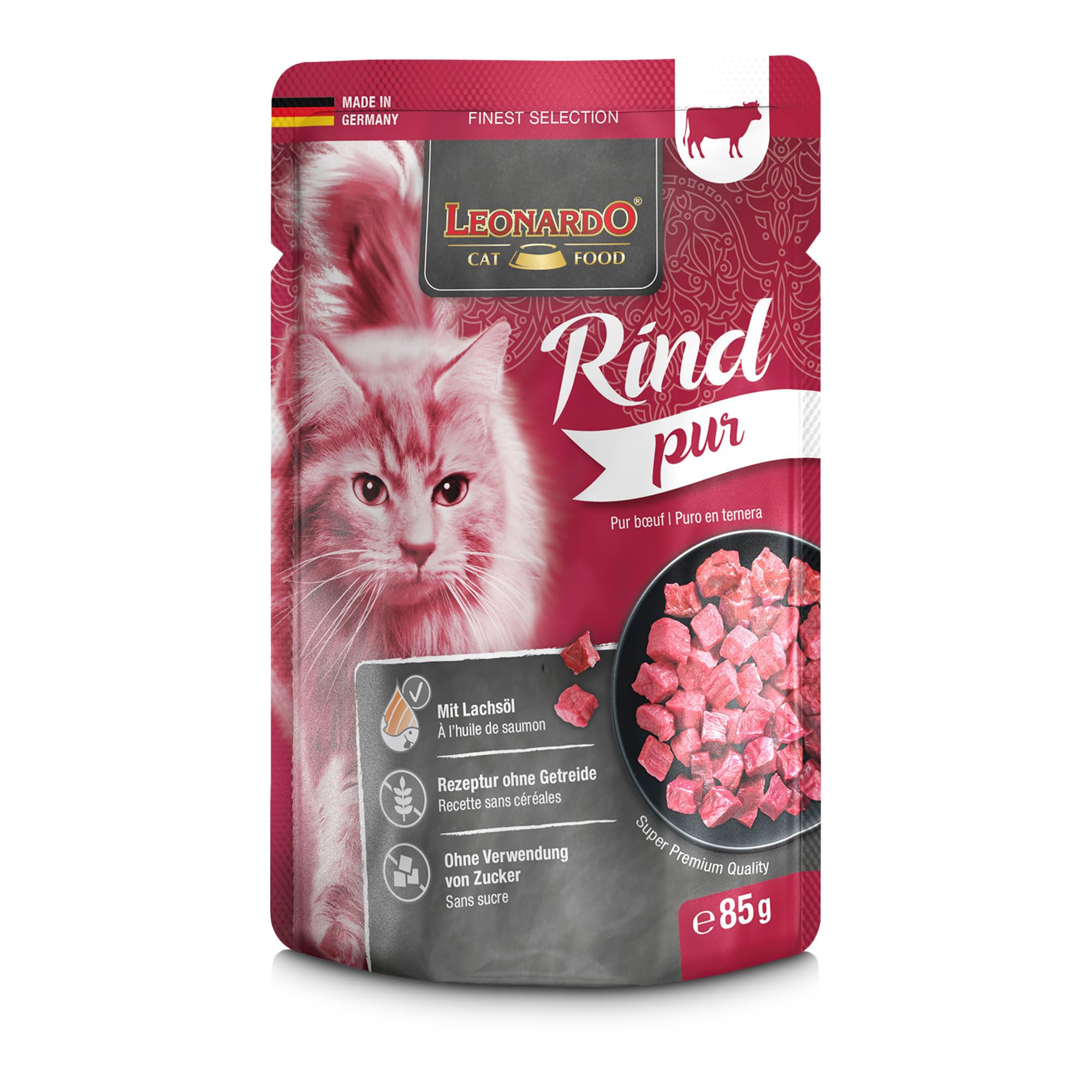 LEONARDO pâtée pour Chat bœuf Pur, 2×16 sachets 85 g, sans céréales