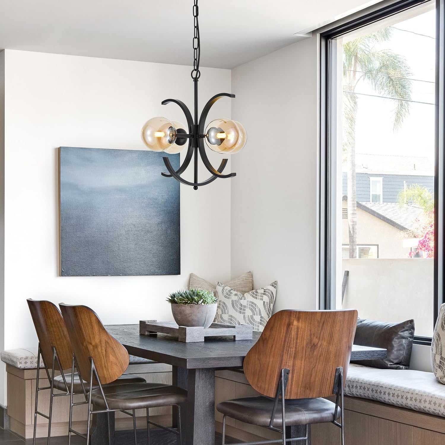 4 Light Modern Sputnik Chandelier with Globe Amber Glass Shades,16.5" Black Mid Century Industrial Chandelier,Hanging Light Fixture for Dining Room, Living Room, Kitchen,Entryway