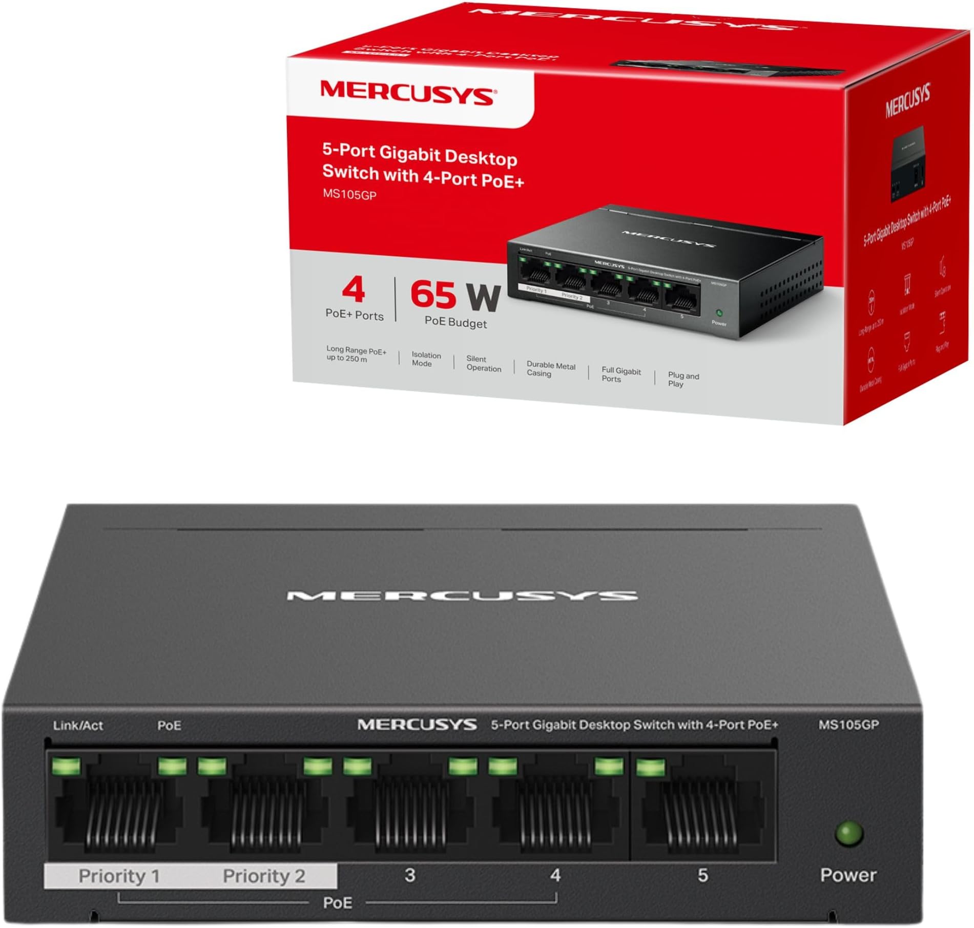 MERCUSYS MS105GP 5 Port Gigabit Network Switch, Ethernet Switch with PoE+ 4 Ports, Total Budget 65W, Metal Case, Wall or Desktop Mount, TP-Link Silent Operation