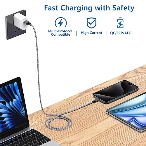 Miniatura 6 de Cable USB tipo C para iPhone 17, carga rápida, (paquete de 5 unidades de 3 pies) USB-A a USB-C, nailon trenzado de sincronización de datos,