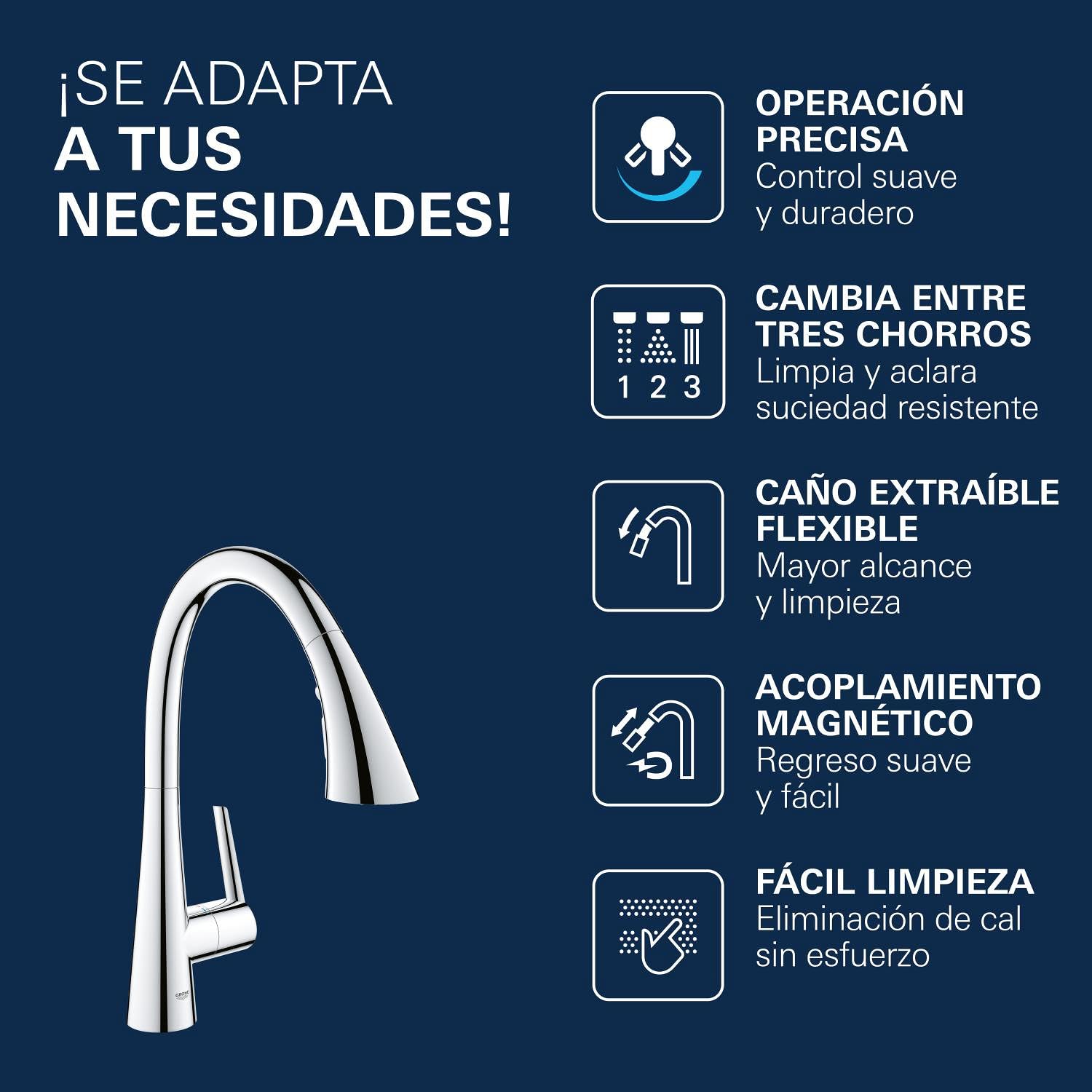 GROHE Zedra, Grifo de cocina 3 chorros (ducha extraíble, giratorio 360°, ahorro de agua con limitador de caudal variable, fácil montaje en fregadero), cromo, 32294002