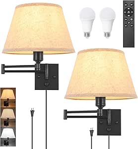 TRLIFE Wall Sconce Plug-in, Remote Control Dimming & Adjustable Color Temperature, Swing Arm, 2 Pack with 2 Bulbs