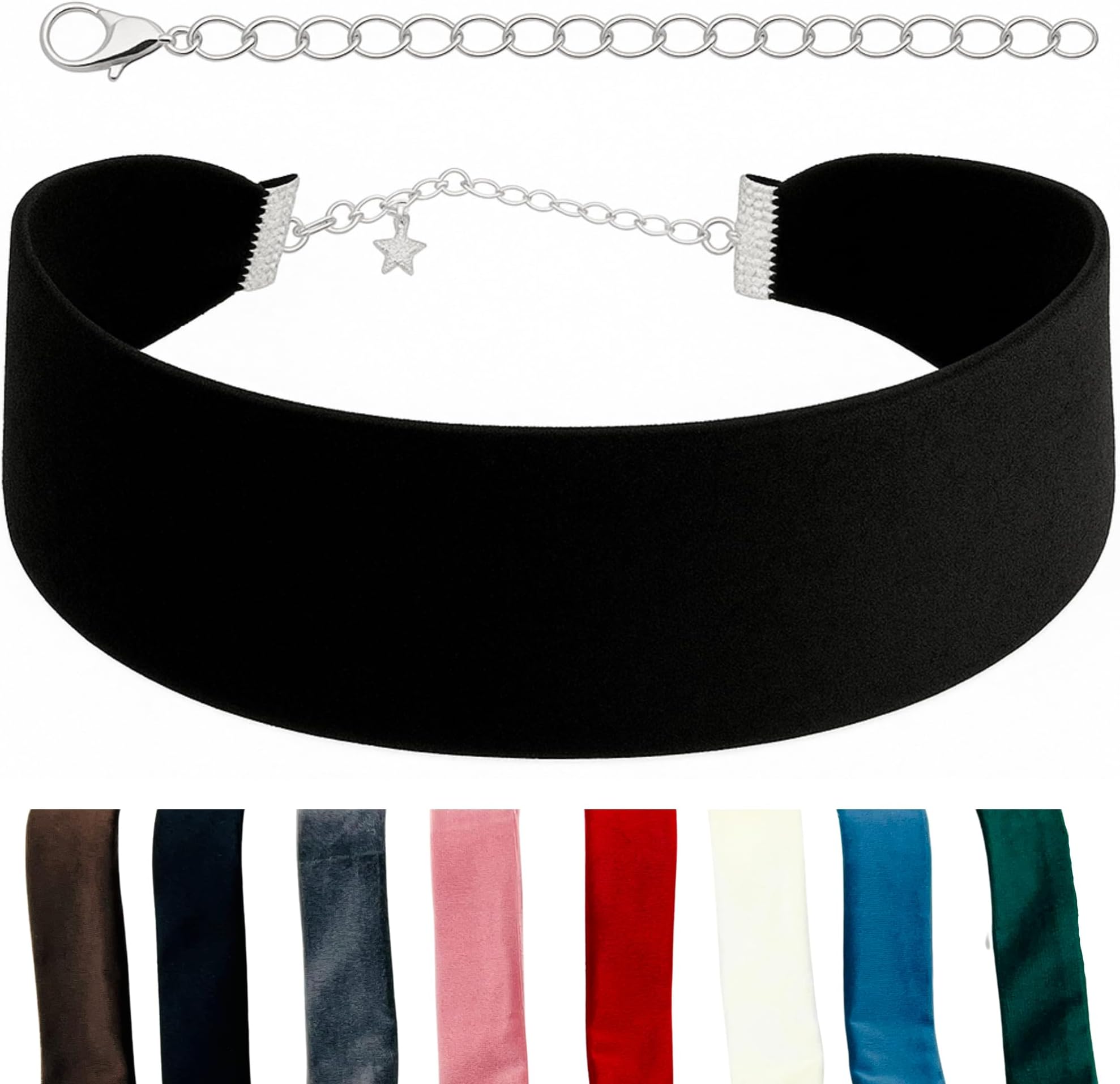 Velvet Choker for Women, Wide 1.5" 90s Ribbon Adjustable 12–18" with Stainless Steel Clasp, Soft Skin-Friendly Velvet — Black
