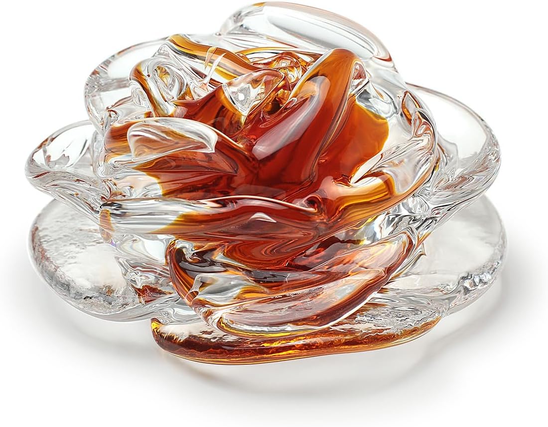 Ca D Oro Murano Style Flower Paperweight Amber Rose Figurine Hand Blown Art Glass Crystal for Office, Room Decoration and Centerpiece - Rose