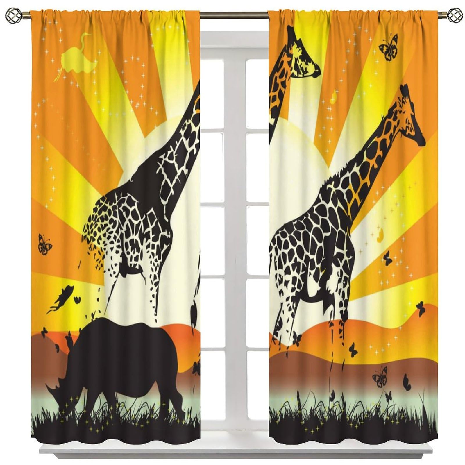 BenYaSong African Kitchen Curtains, Wildlife Animal with Giraffe on Nature Walk and Mammal Retro Graphic Print for Home Kitchen Livingroom Coffee Room Window Curtain 2Panel 52" W X 84" L
