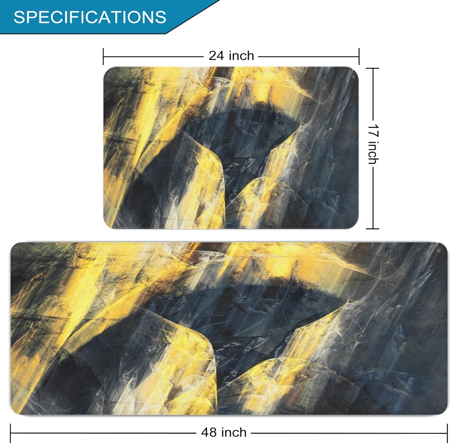 2 Pieces Kitchen Rugs, Abstract Anti Fatigue Non Slip Foam Cushioned Yellow Black Modern Painting Comfort Indoor Floor Mat Runner Rug Set for Laundry Office Sink Bathroom (17"X48"+17"X24")