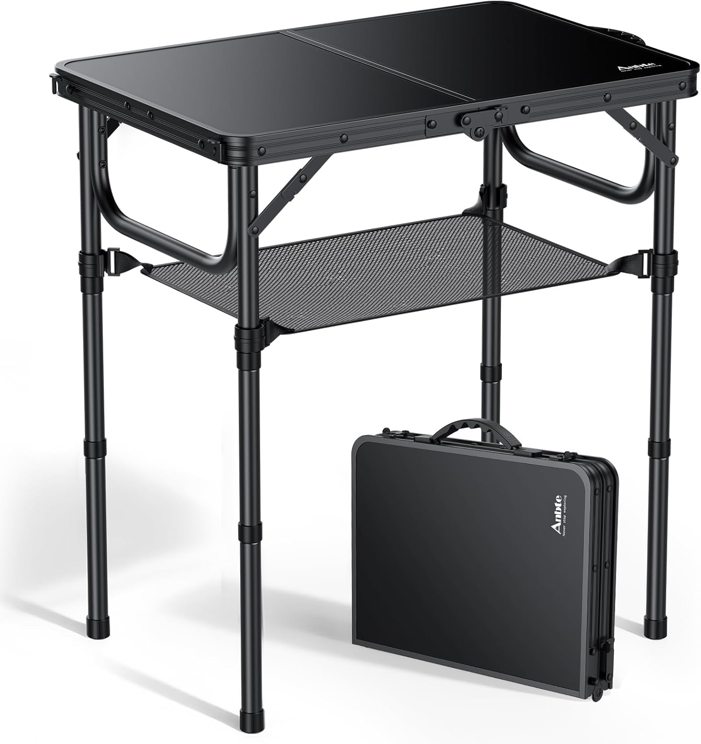 Anbte 2ft Folding Camping Table with Storage Net, 3 Adjustable Heights Small Folding Table Lightweight & Portable with Carry Handle, for Camping, Fishing, Picnic, Beach, Outdoor, 22.8" x 15.7", Black