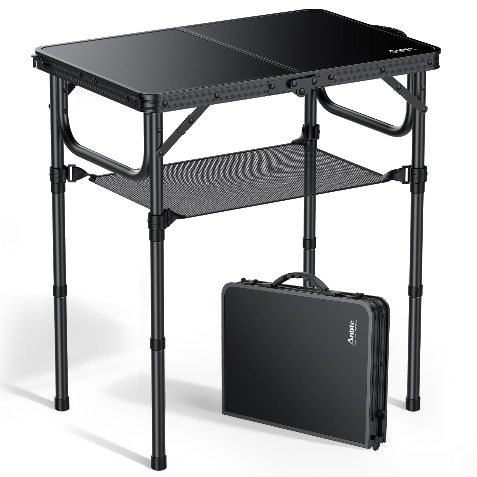 Anbte Campingtisch Klappbar 58x40cm Aluminium Rahmen Picknicktisch 3 Höhen Verstellbar 26/48/67cm MDF-Tischplatte mit Aufbewahrungsnetz Klapptisch für Camping Strand Balkon (Ganz Schwarz)