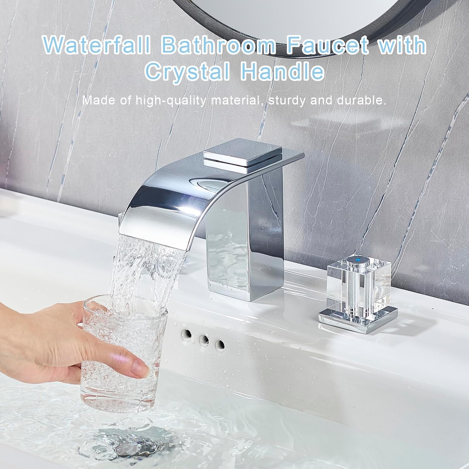 Waterfall Bathroom Faucet 3 Hole Crystal Bathroom Sink Faucets Widespread Waterfall Bathroom Vanity Faucet with Crystal Handles 8 Inch Basin Mixer Tap, Chrome
