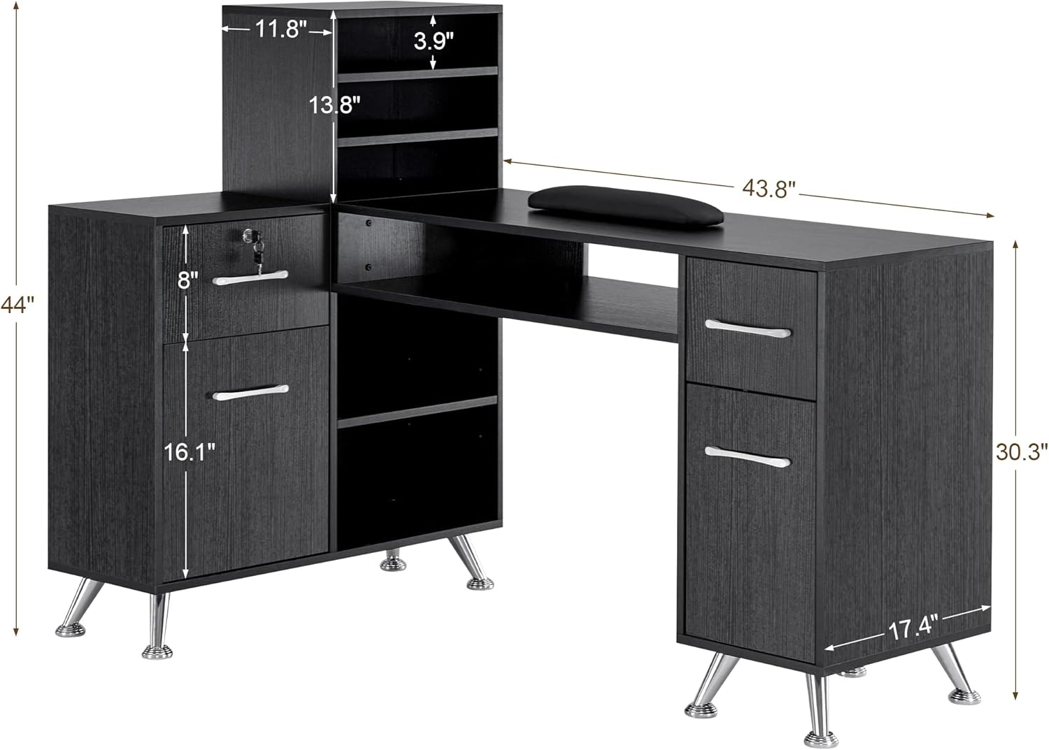 BarberPub L-Shaped Manicure Table with Drawers and Shelves for Storage, Salon Corner Nail Desk, Makeup Dressing Station 2866 (Black)