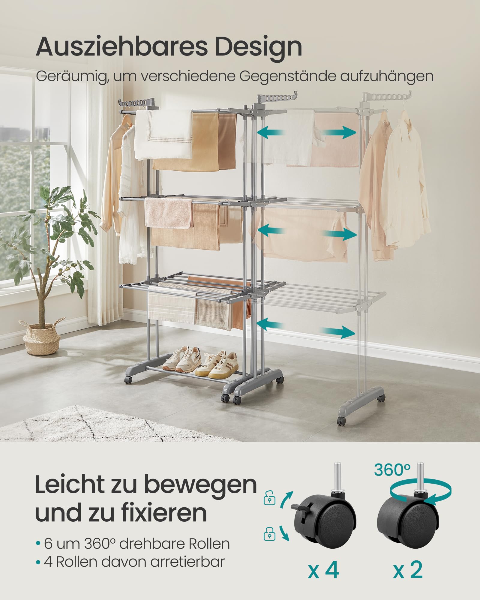 SONGMICS Wäscheständer, Standtrockner 4 Ebenen, ausziehbar, Flügelwäscheständer, klappbare Flügel, mit Rollen, 63,5 x (131-200) x 177,5 cm, groß, einfacher Aufbau, Taubengrau LLR704G01
