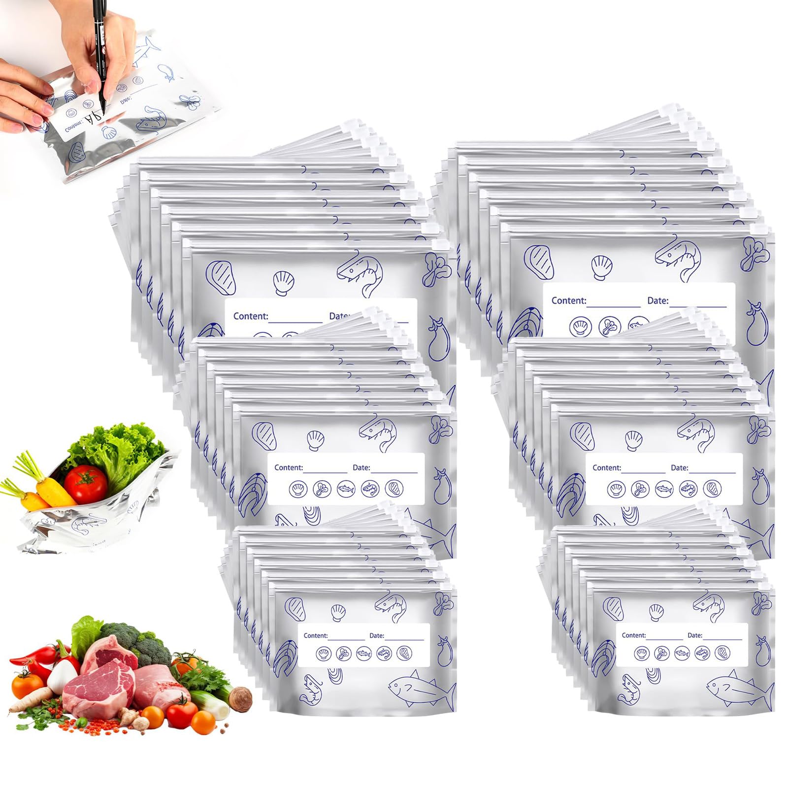 Bolsas de Aluminio Reutilizables para Almacenar Alimentos, Bolsas de Almacenamiento con Cierre Zip y Etiqueta, Bolsas Herméticas y Gruesas para Congelador, Verduras, Frutas y Carne (100 PCS,S+M+L)