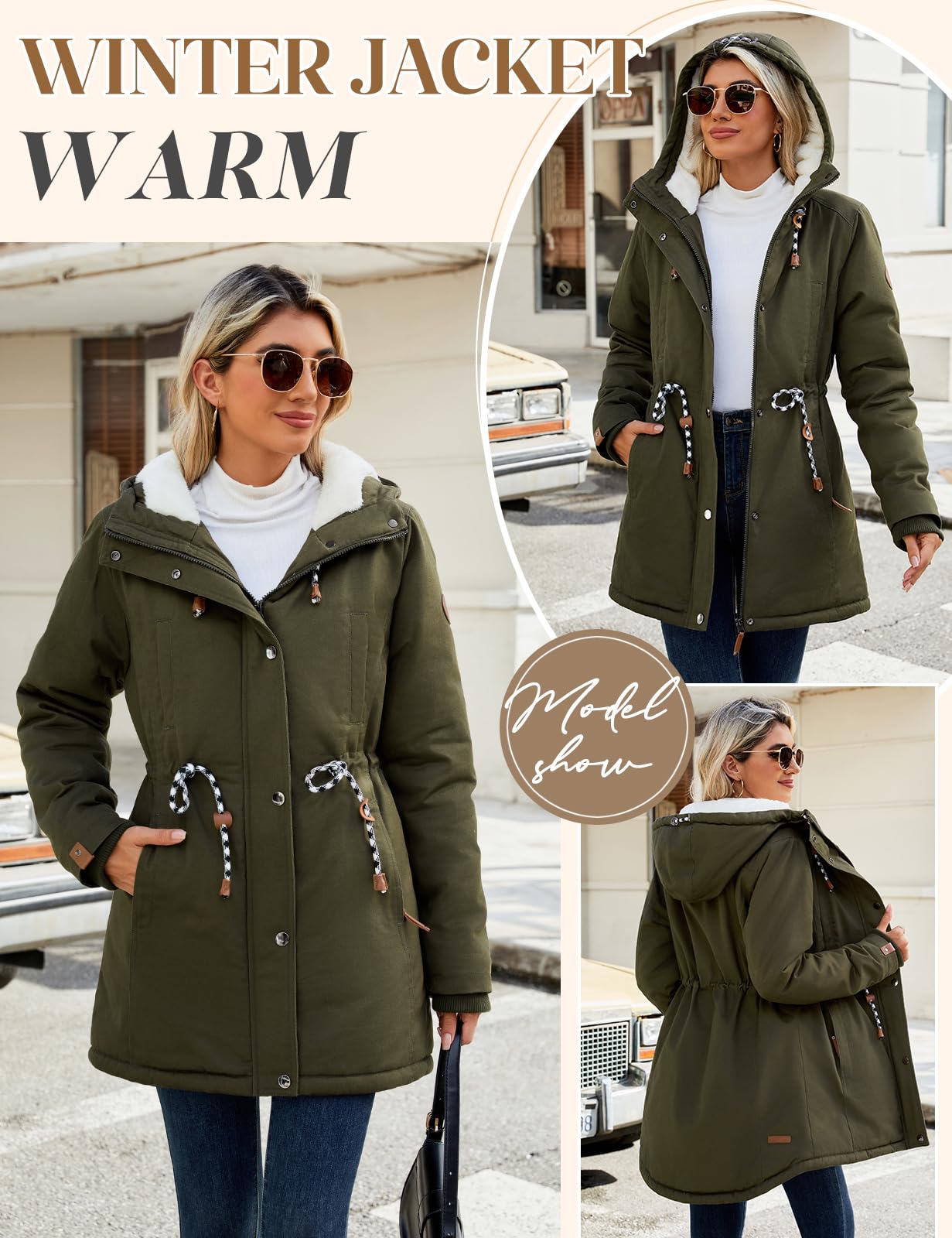 TOMEEK Abrigo Mujer Parka Largo con Capucha Chaqueta Mujer Invierno de Piel Gruesa con Bolsillos Térmica Cremallera Abrigos Cazadora Cálido Parkas Mujer Invierno