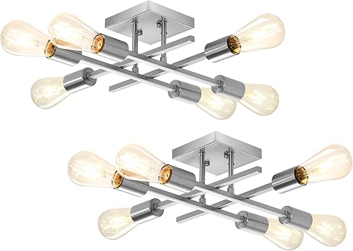 Lámpara de techo semiempotrada de 6 luces, níquel cepillado industrial cerca del techo, moderna base E26 Sputnik lámpara de techo para dormitorio,