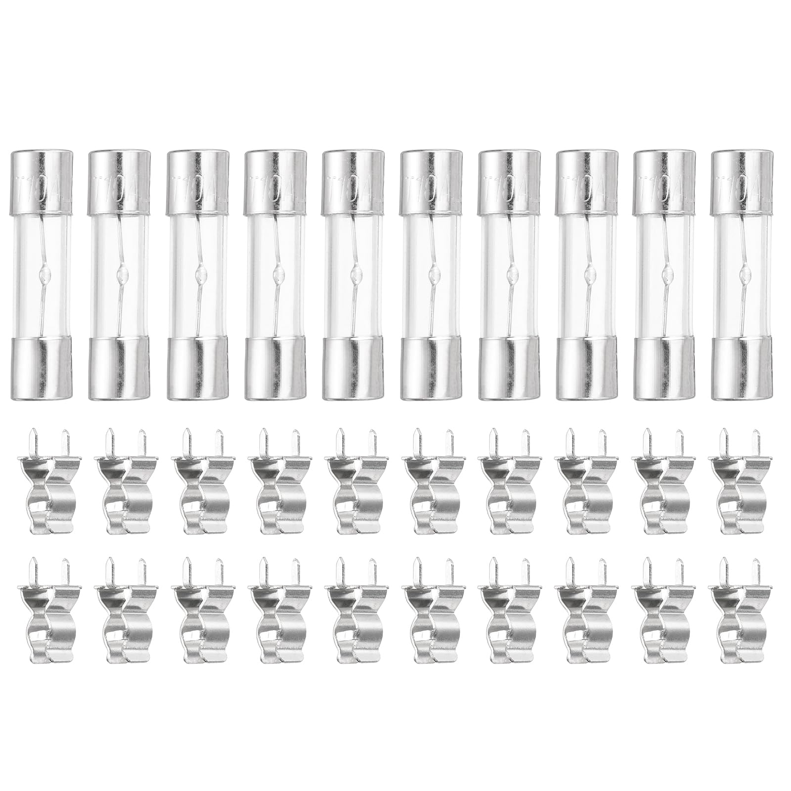 sourcing map Glass Tube Fuses, 5x20mm 10A 250V Slow Fast Blow Glass Cartridge Tube Fuse with 20pcs Safety Clip for Replacing or Repairing Many Home Electronics(Pack of 10)