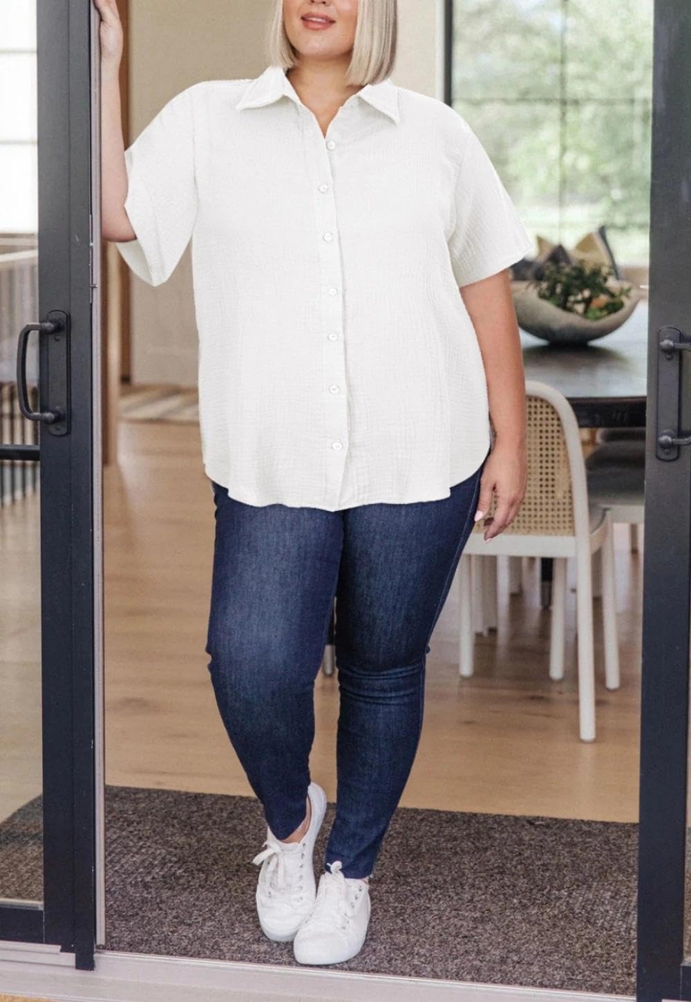 TIYOMI Plus Size Short Sleeve White Cotton Shirts for Women 5X Button Down Collared Tops Solid Shirts Summer Loose Fit Blouses 5XL 26W 28W - Image 4