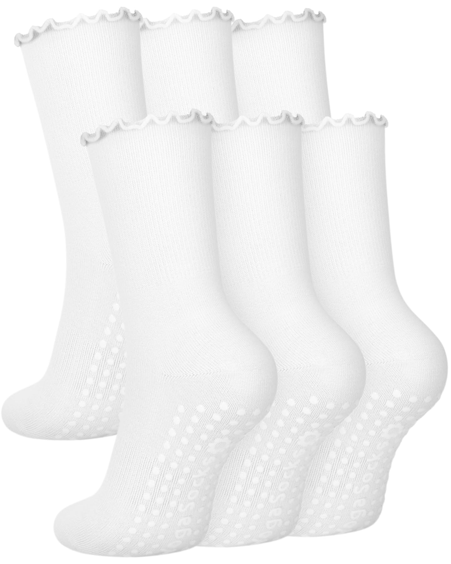 Aoliks White Pilates Grip Socks for Women, Ruffle Yoga Crew Socks for Barre Hospital Sticky Slipper Socks