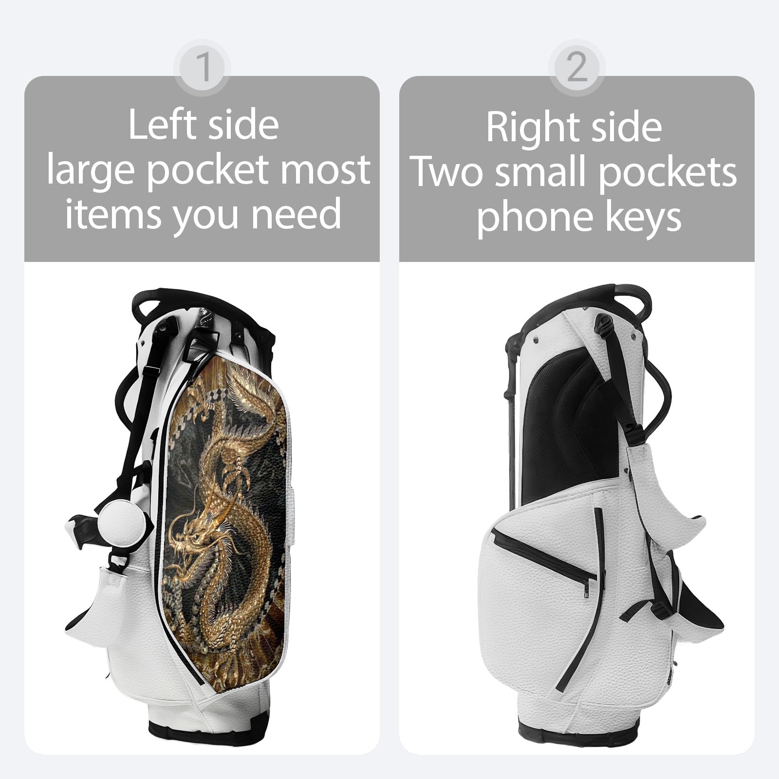 Embroidery Golf Stand Bag 5-Way Dividers, Lightweight Golf Bag with Stand for Men Women, Waterproof PU Leather Golf Bag with Cooler & 7 Pockets, Adjustable Dual Straps (Dragon Skull)