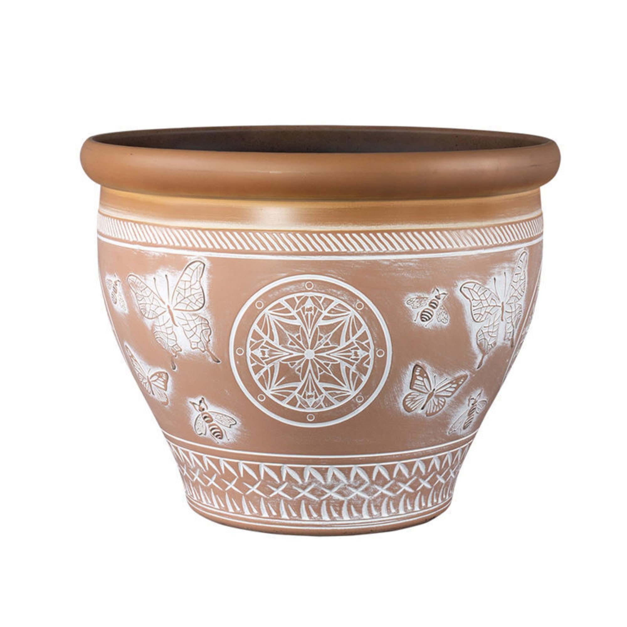 Fyne-Finds Terracotta Round Plastic Plant Pot 30Cm,12Inch Outdoor 11L Geometric Butterfly Patterned Planter Cover Weatherproof, Drainage Hole & Uv-Resistant (1)