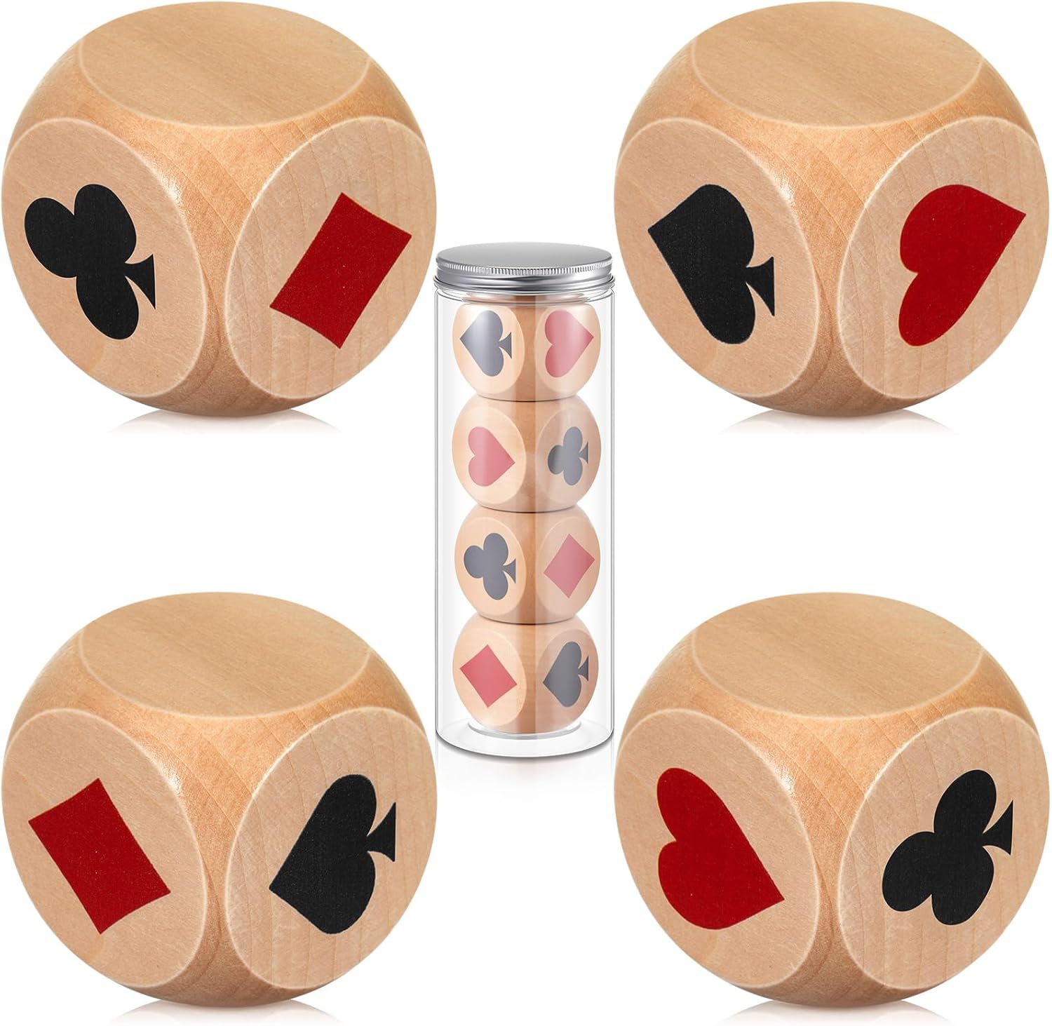Seenelling 4 Pcs Large Marked Dice Big Size 1.57'' Euchre Indicator, Wooden Suit Dice with Storage Bottle, Lucky Euchre Cube Gift for Pinochele Playing Cards