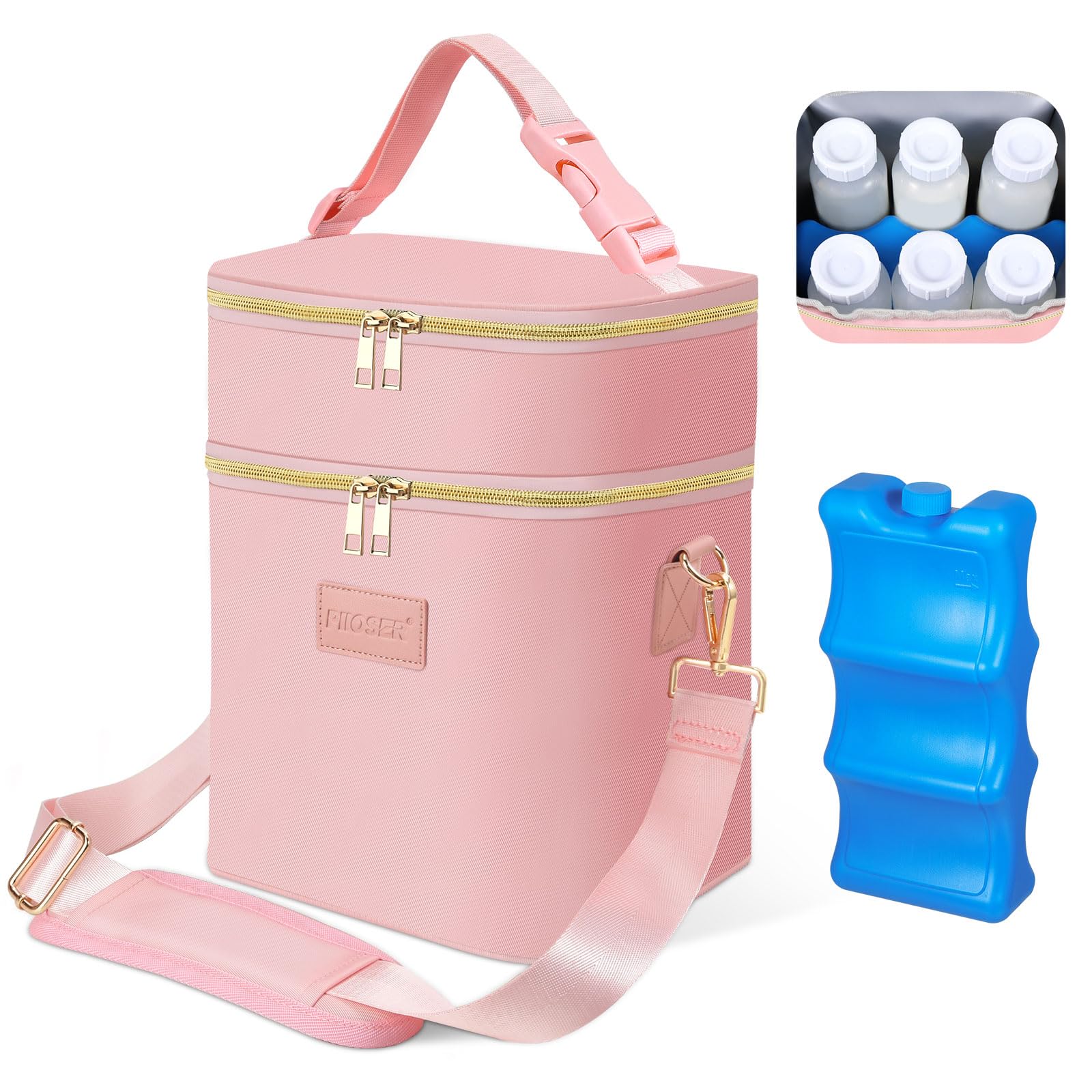 PIIOSER Sac isotherme pour lait maternel avec poche de glace pour 6 biberons jusqu'à 255 g, sac fourre-tout isotherme, double couche, étanche, étanche avec bandoulière pour maman allaitante et qui