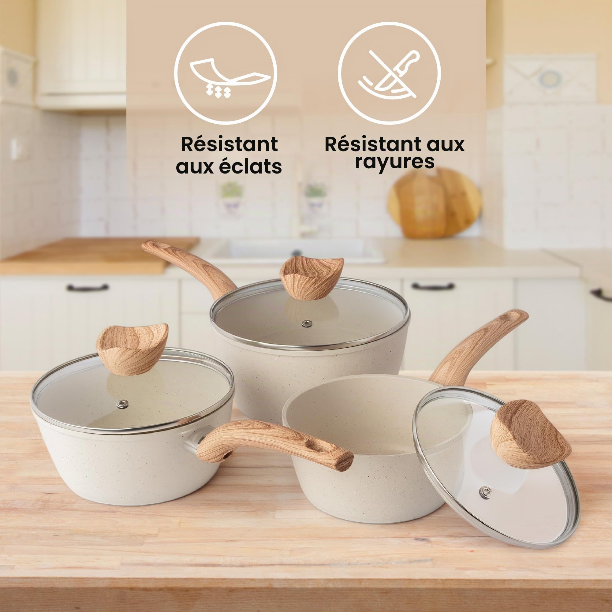 Nuovva Set de Casseroles Antiadhésives – Casserole à Induction avec Couvercle – Set de 3 Casseroles en Granit Crème – 16 cm, 18 cm, 20 cm – Par Nuovva.