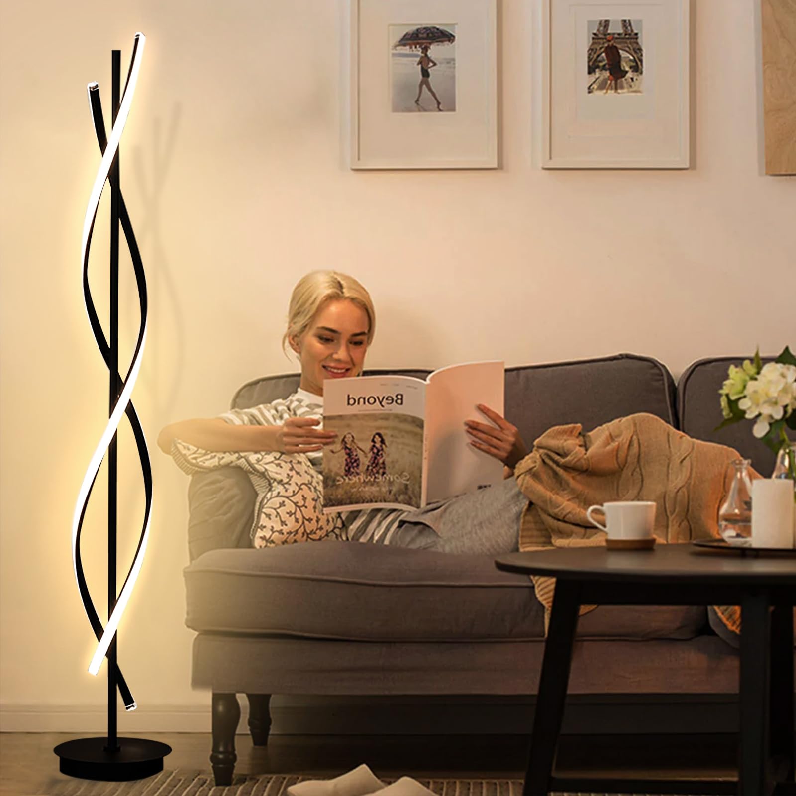 LED Stehlampe Wohnzimmer Dimmbar,LED Spirale Modern 155cm Schwarz mit Fernbedienung - Dimmbare Stehlampe für Wohnzimmer, Schlafzimmer & Kinderzimmer