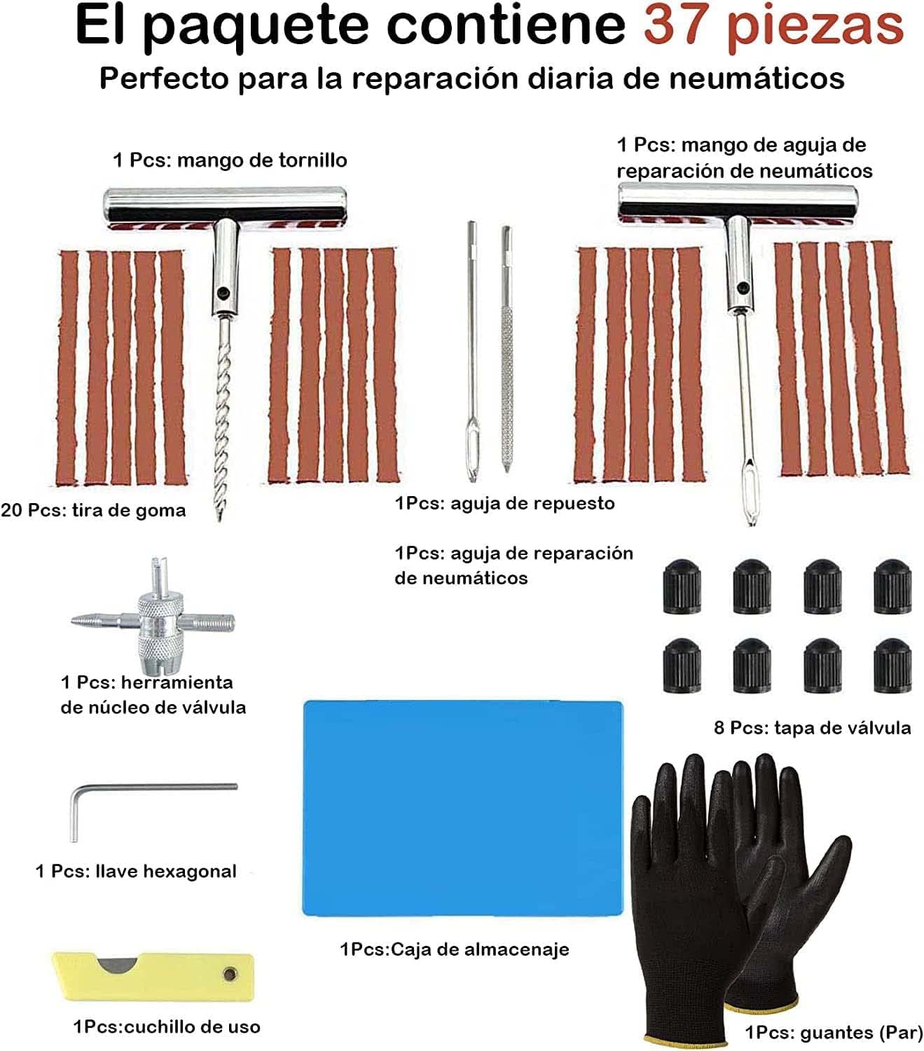 kit de reparación de neumáticos de automóviles 37 piezas + Compresor Aire Coche, Compresseur Air Portatif, neumático pinchado Meche para automóviles, motocicletas, camiones, ATV - Pack YIJIA