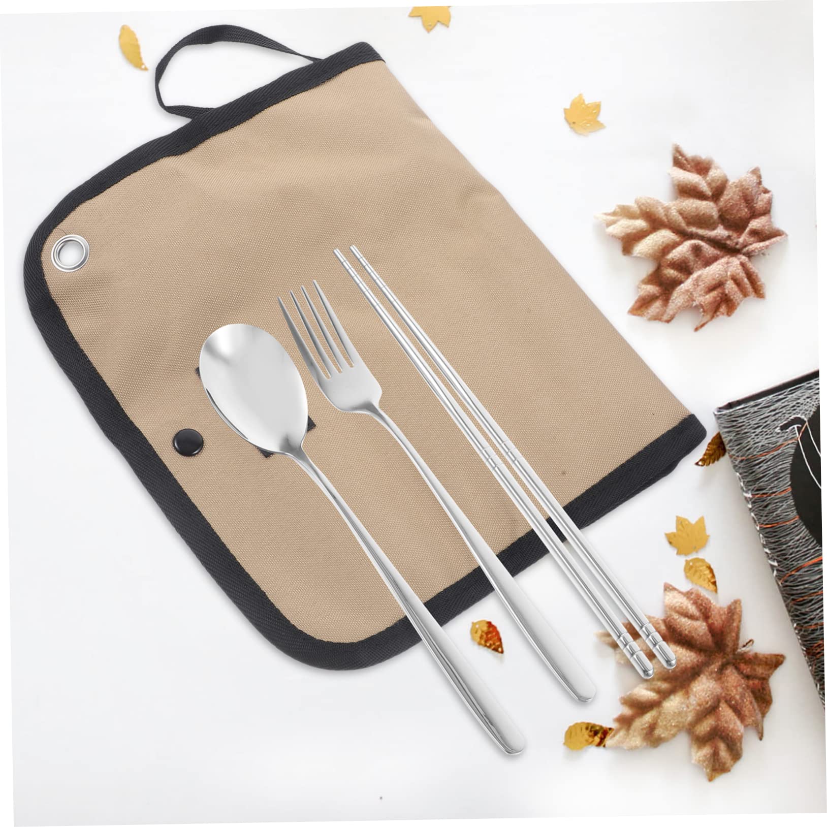 Kisangel Reisegeschirr Satz aus Edelstahl mit Nylon Tragbare Bestecktasche und Grillgeschirr Tasche Leicht zu Reinigen für Sommerferien und Outdoor Ausrüstung
