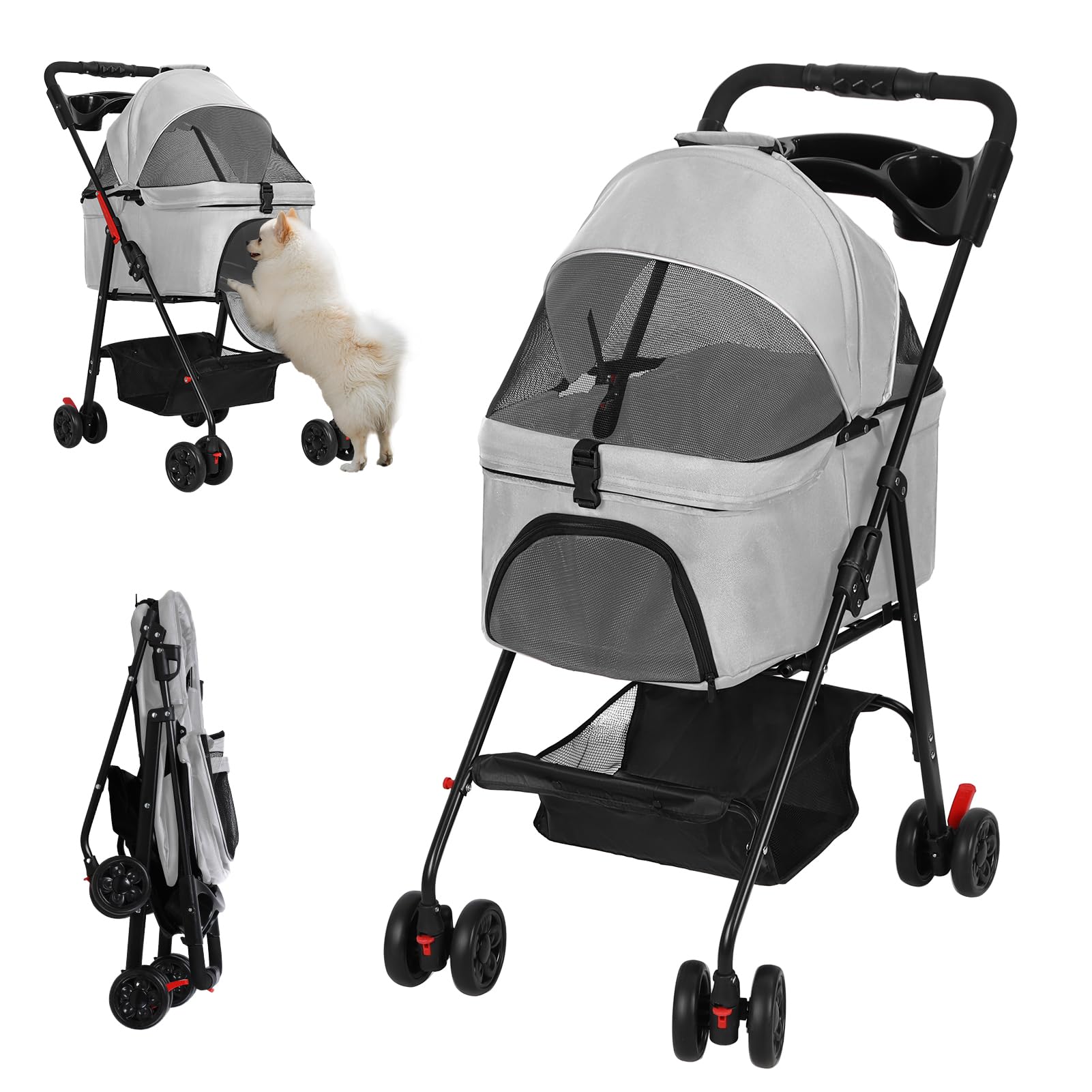 Pet Stroller for Small Dogs & Cats, Folding Dog Carrier with 360° Rotatable Front Wheels, Dual Anti-Release Buckle, 180° Adjustable Canopy, Comfortable Mesh, Cup Holder (Soft Grey)
