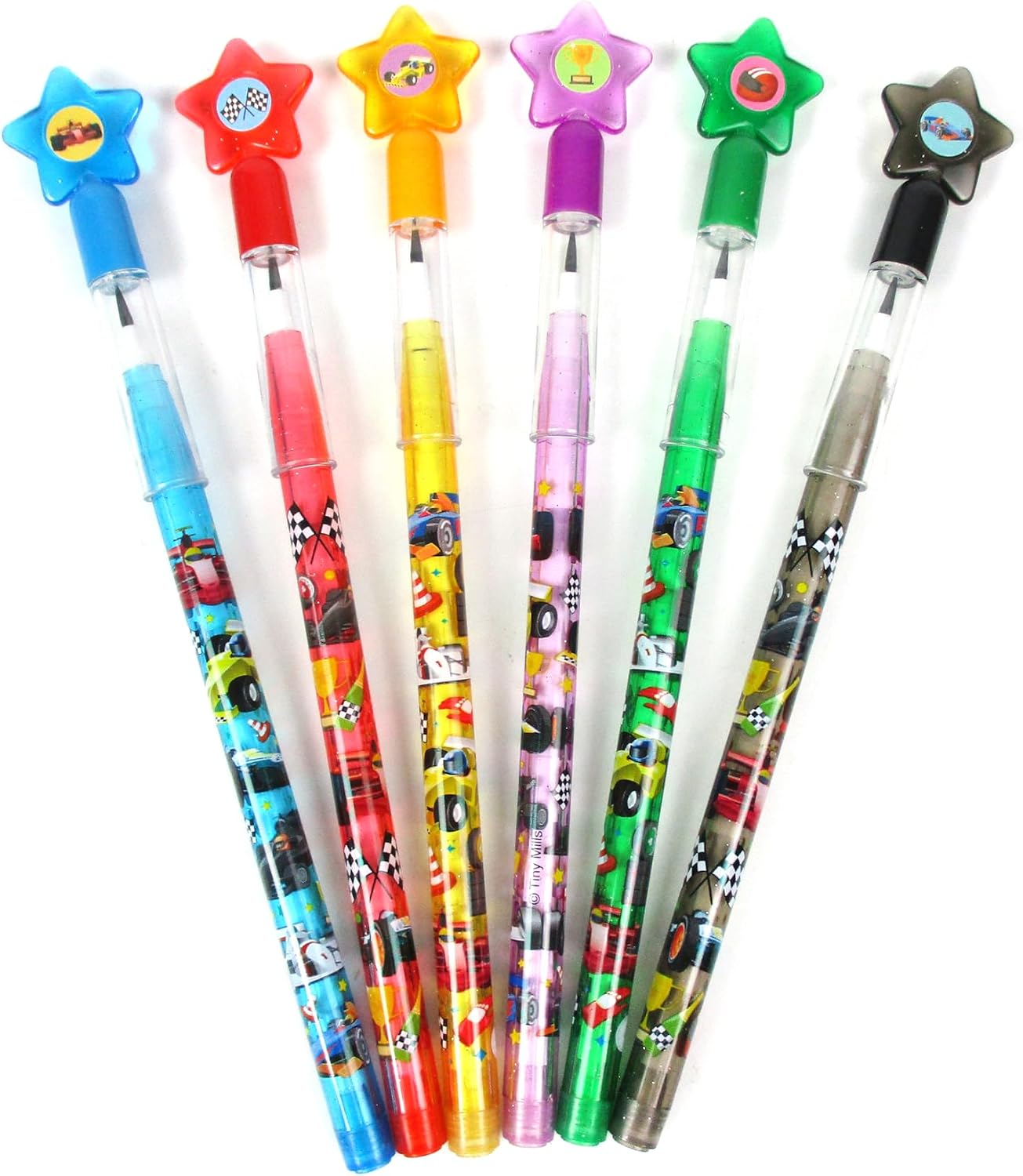 TINYMILLS 24 Pcs Race Car Stackable Pencil Assortment with Eraser for Party Favors Goodie Bag Stuffers VBS Classroom Rewards Carnival Prize