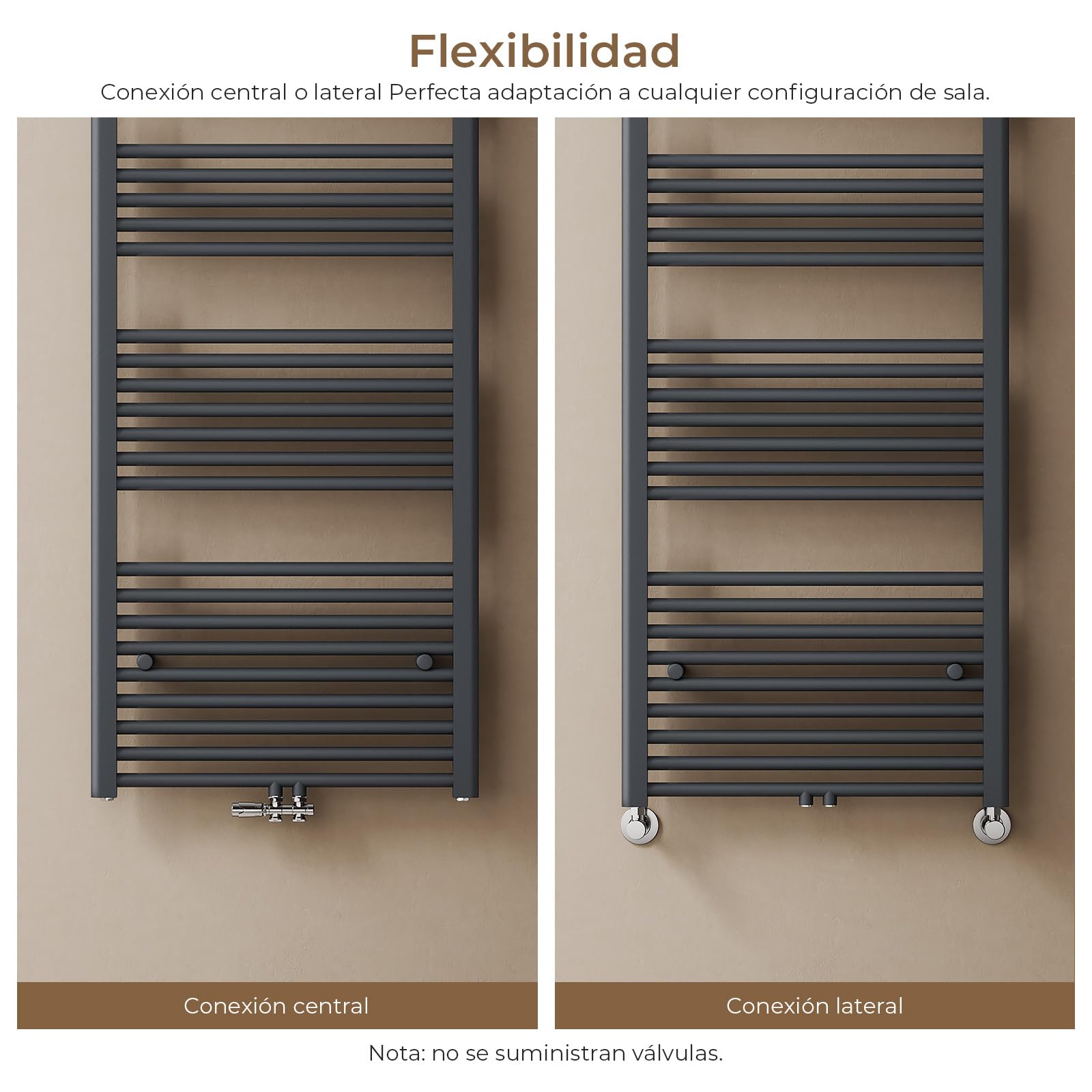 S'AFIELINA Radiador Toallero de Agua 1600x500 mm, 654 W, Antracita | Radiador para Baño de Tubo Redondo, Conexión Central o Lateral 50 mm, para Calefacción Central, Sin Válvulas