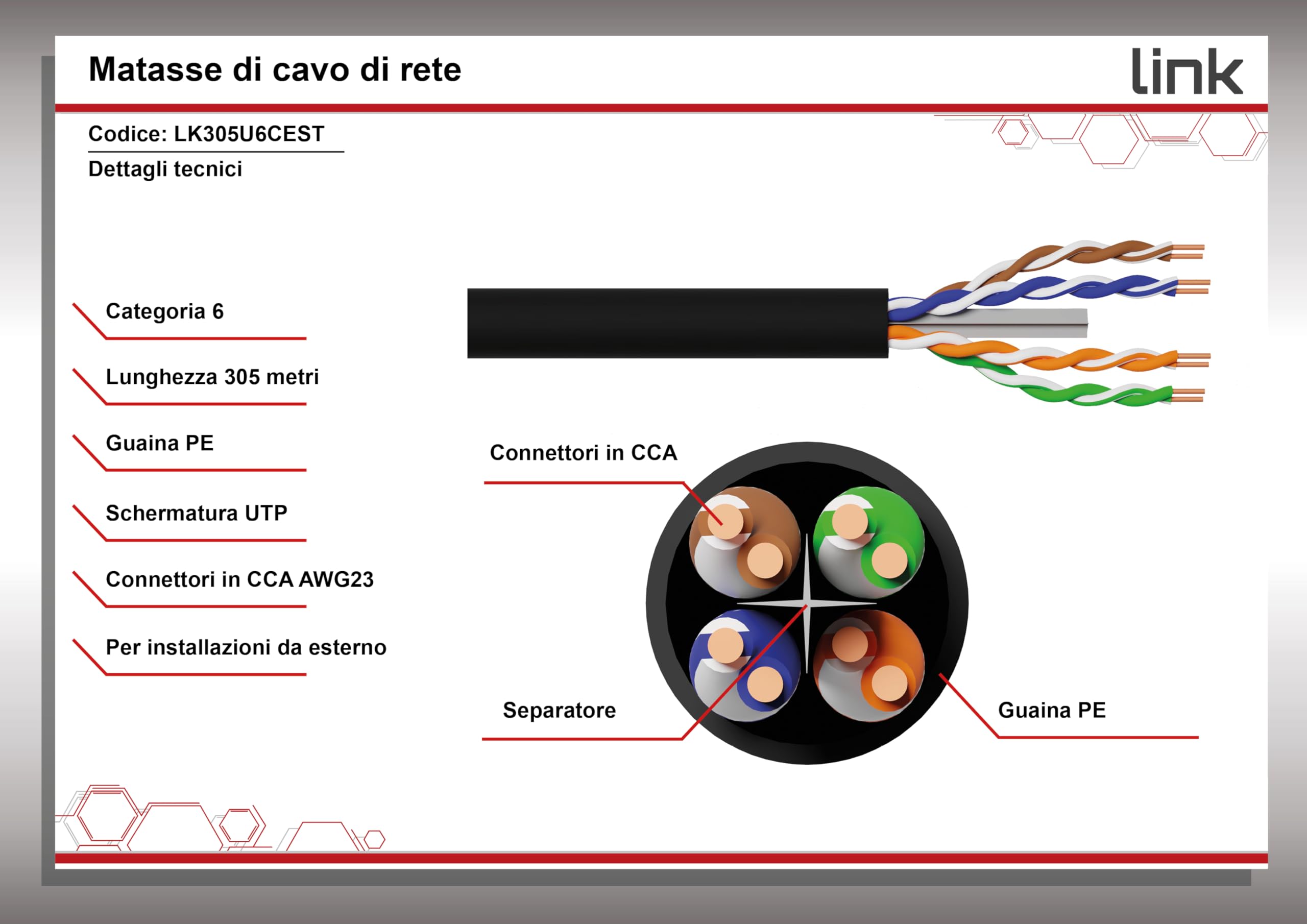 LINK LK305U6CEST - Cavo di rete categoria 6 U/UTP solido (305 metri, nero) – Guaina in HDPE resistente a raggi UV e agenti atmosferici – Conduttori CCA AWG23, conforme ISO/IEC 11801