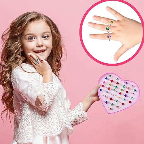 Miniatura 5 de BXDOW 36 anillos de joyería para niñas pequeñas en caja, anillos de juego de simulación y disfraces para niños, lindos anillos para niñas de 3 a 12