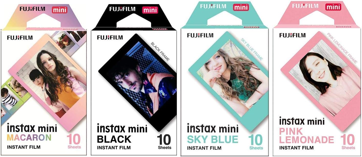Macaron and Black and Sky Blue and Pink Lemonade instax Mini Films for Fuji instax Mini Set of 4 Packs x 40 Photos