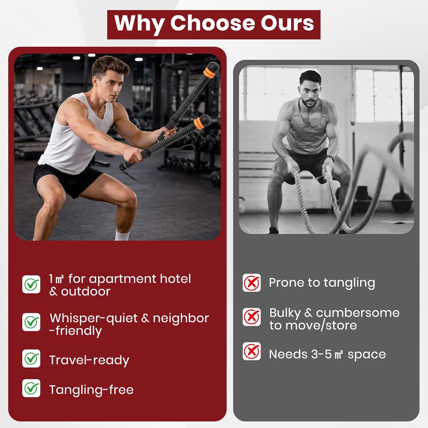 Ropeless Battle Ropes, Adjustable Weighted Cordless Trainer for Home Gym HIIT Low Impact Workouts, 17.1 in Portable with Sliding Resistance Rings and Storage Bag (Black)